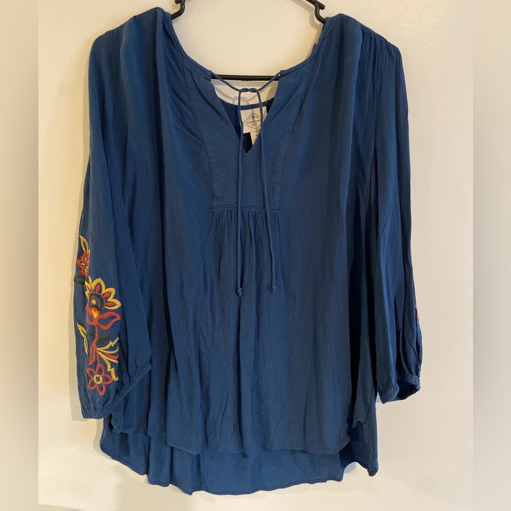 Blue Floral Knit Tie Up Blouse